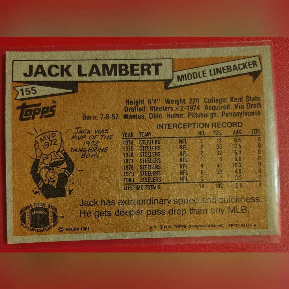 Jack Lambert 1981 Topps #155 Pittsburgh Steelers Football Card - Picture 2 of 2